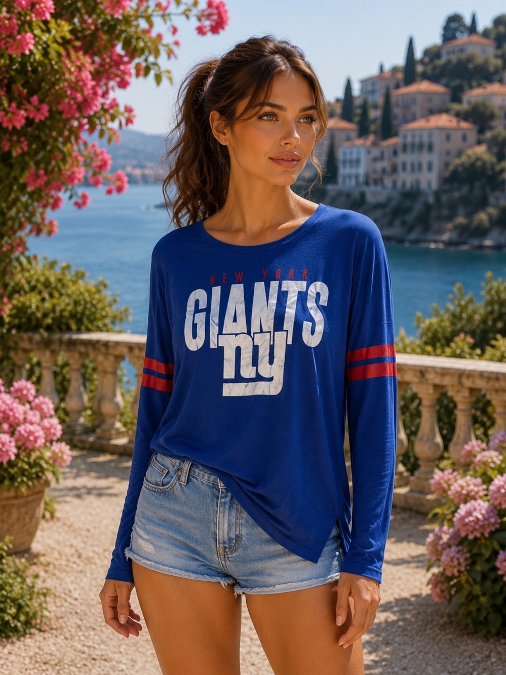 Team Apparel Royal Blue New York Giants Long-Sleeve Tee with Red Sleeve Stripes